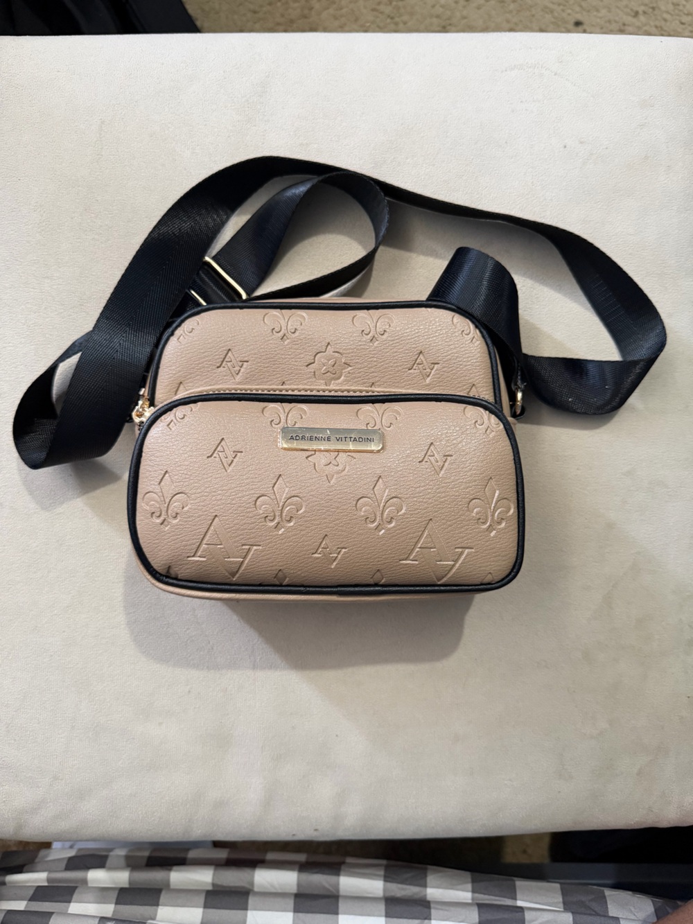 Adrienne Vittadini Taupe Embossed Crossbody with Black Strap